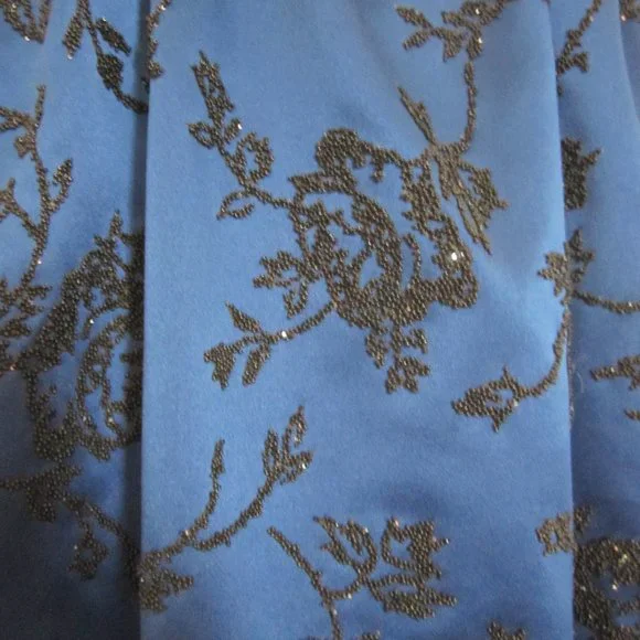 Chetta B Evening full length royal blue satin skirt w black beaded roses, sz 12